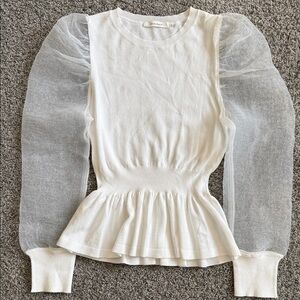 Sheer Puff Sleeve Peplum Sweater Top - White